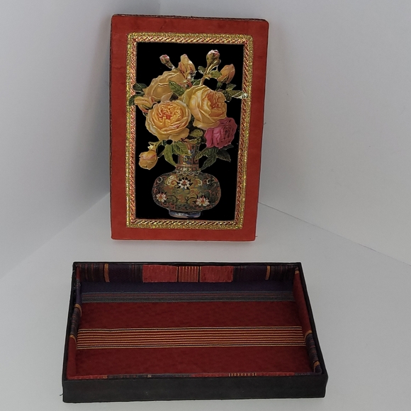 Floral Decorative Box with Red Border Fabric Lined Box - Picture 2 of 7